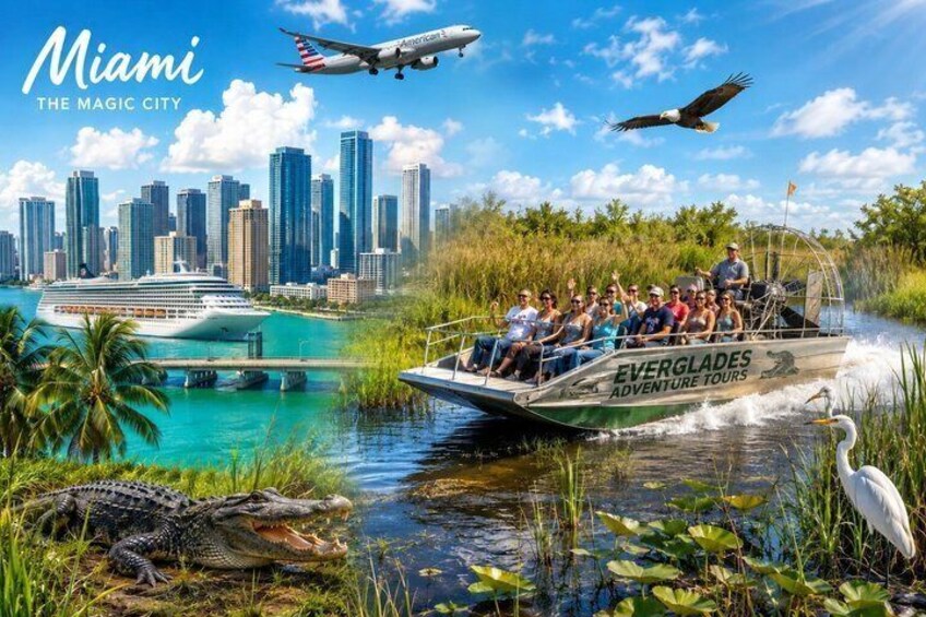 A boat tour with passengers, a cruise ship, an airplane, and a city skyline in Miami. 1