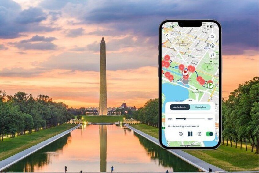 A smartphone displaying a map with the Washington Monument and a reflection in a body of water. 1