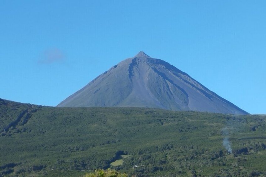 A mountain with a conical shape, a clear sky, and a forested foreground. 1