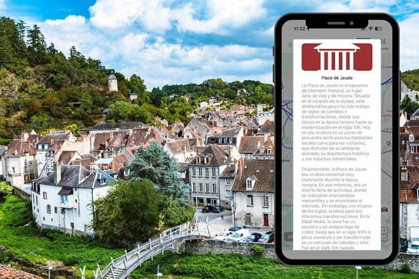 A smartphone displaying information about Jaude Place, a historic area with traditional architecture and a bridge. 5
