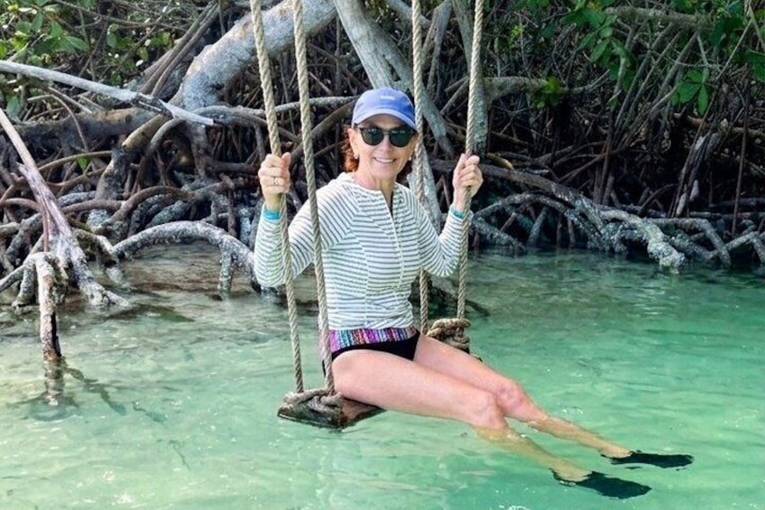 A person sitting on a swing in a mangrove area. 3