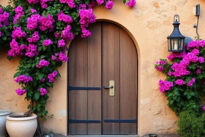 A wooden door with a metal handle, surrounded by vibrant pink bougainvillea flowers. 1