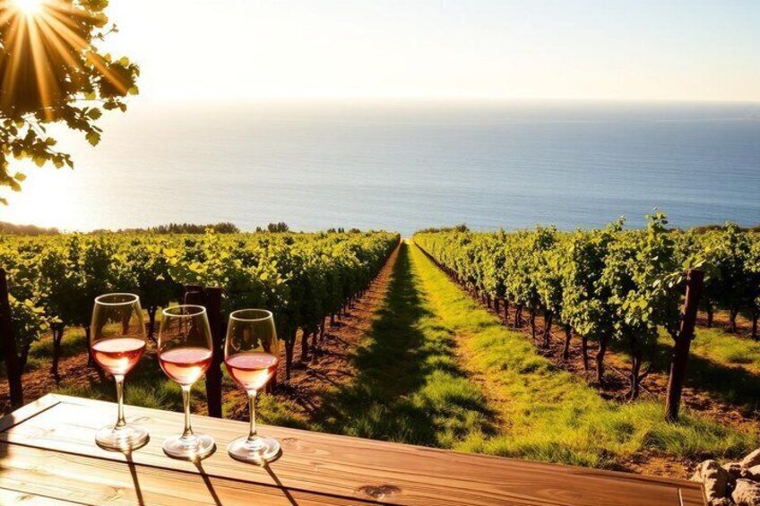 A vineyard with rows of grapevines and three glasses of red wine on a wooden table. 2