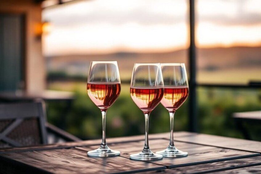 Two wine glasses on a wooden table with a sunset in the background. 5