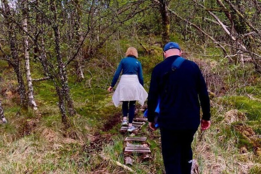 Two people walking on a narrow wooden path through a wooded area. 5