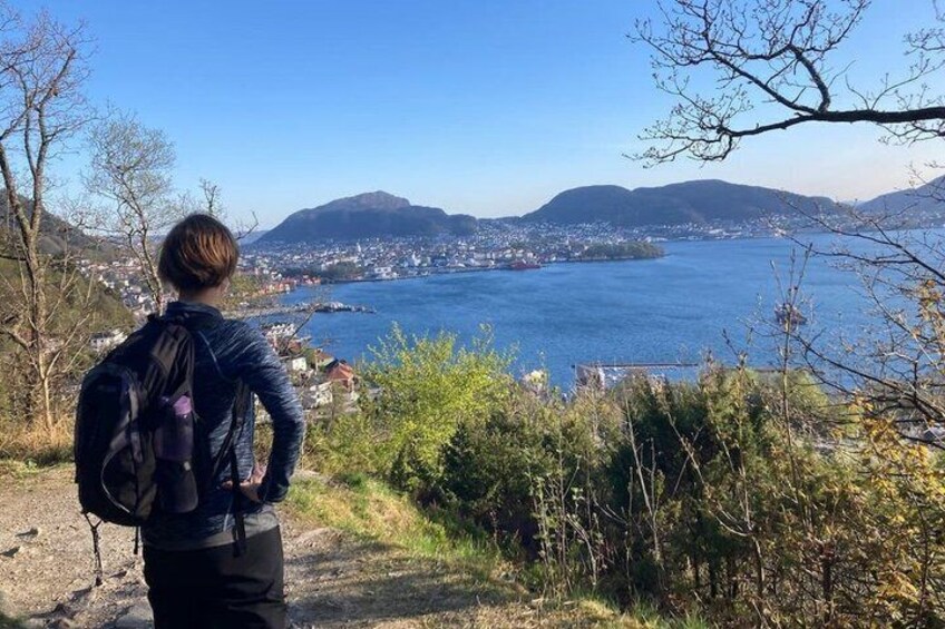 A person standing on a path overlooking a body of water with a town in the distance and mountains in the background. 1