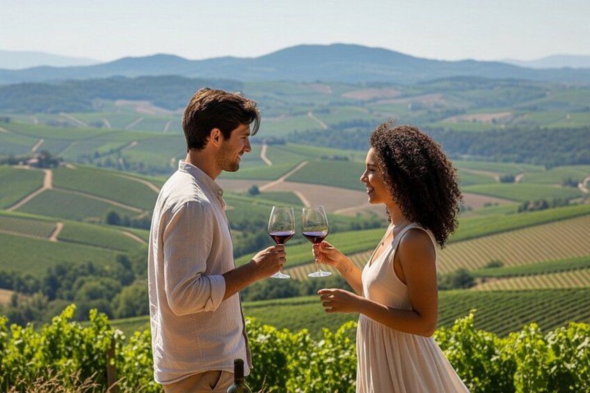 A couple holding wine glasses in a vineyard with rolling hills in the background. 3