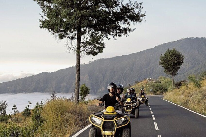 A group of quad bikes on a winding road with a forested hillside in the background. 5