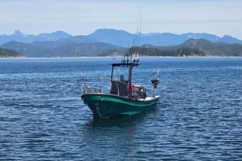 A green boat on calm water with mountains in the background. 4