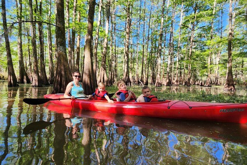 A red canoe on a calm river surrounded by tall trees. 2