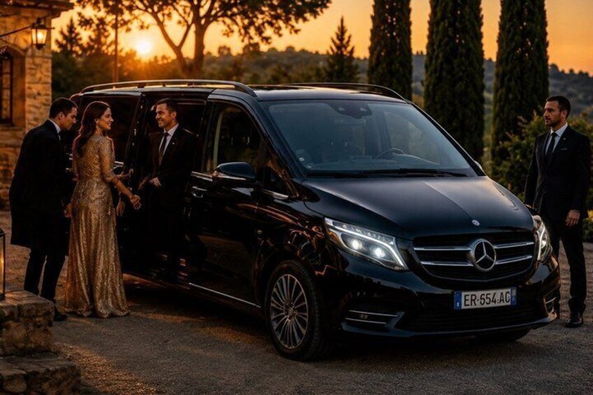 A black Mercedes-Benz SUV parked on a driveway with a sunset in the background. 4