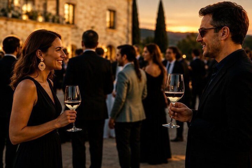 A social gathering with people holding wine glasses, set against a backdrop of stone buildings and a clear sky. 5