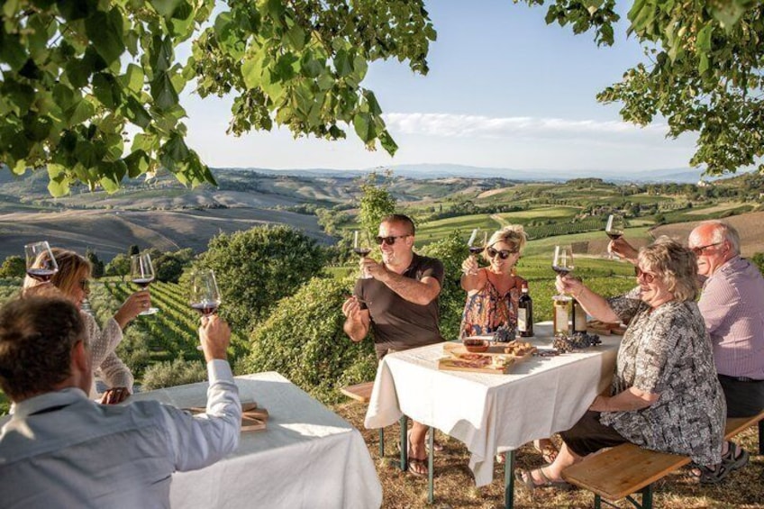 A group of people toasting with wine glasses at a table set outdoors with a scenic view of rolling hills in the background. 1