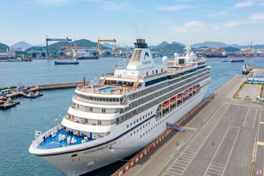 A large cruise ship docked at a port with cranes and other ships in the background. 1