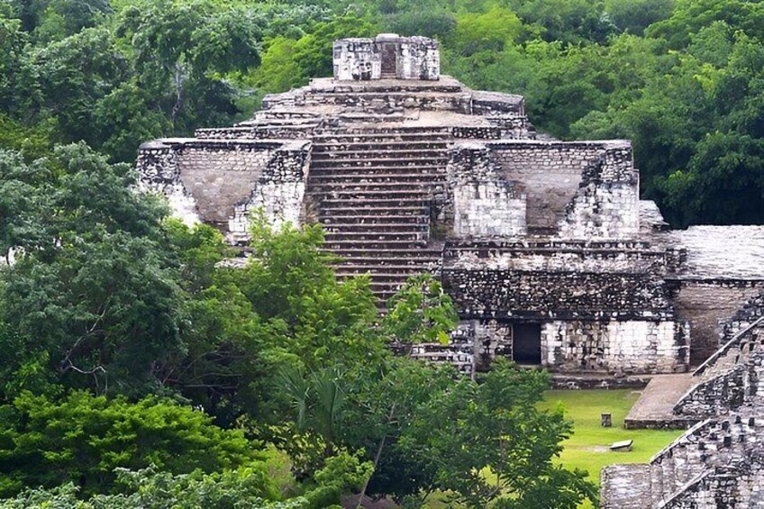 An ancient Mayan pyramid surrounded by dense tropical foliage. 2