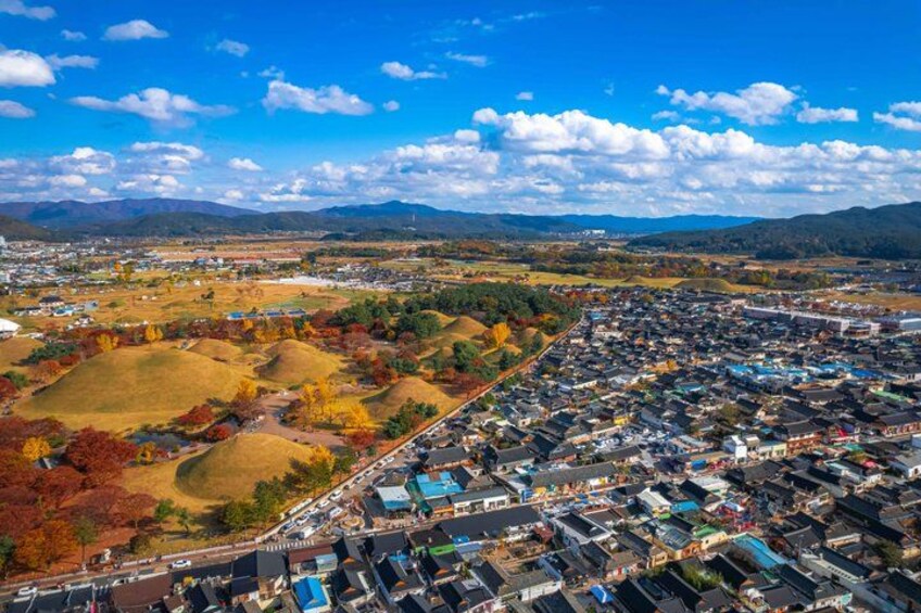 An aerial view of a town with houses, roads, and autumn-colored trees. 5