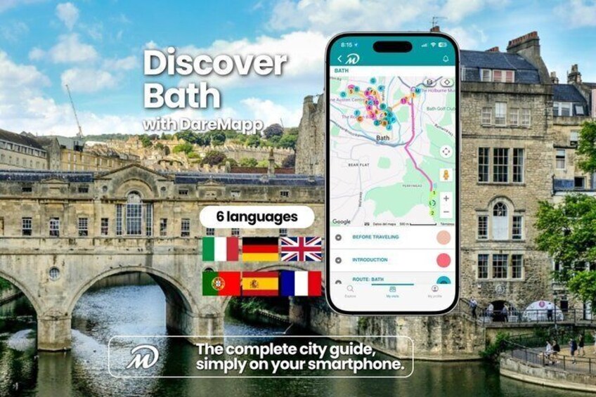 A smartphone displaying a map with the Bath city guide, featuring a historic bridge and buildings. 1