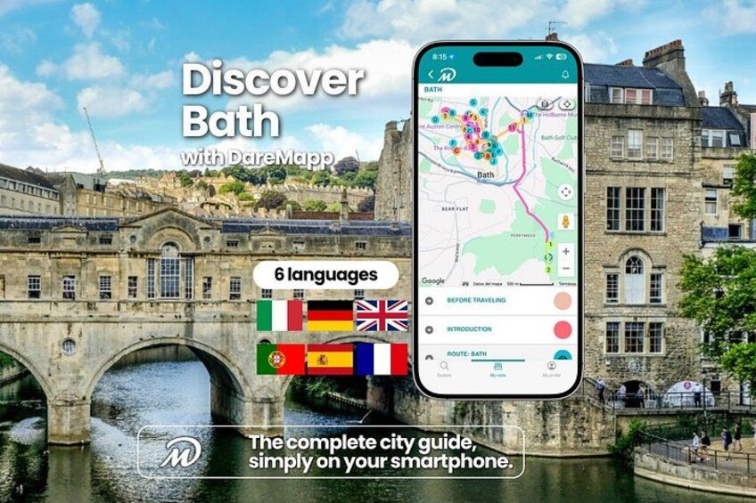 A smartphone displaying a map with Bath city guide, flags of 6 languages, and a historic stone bridge. 1