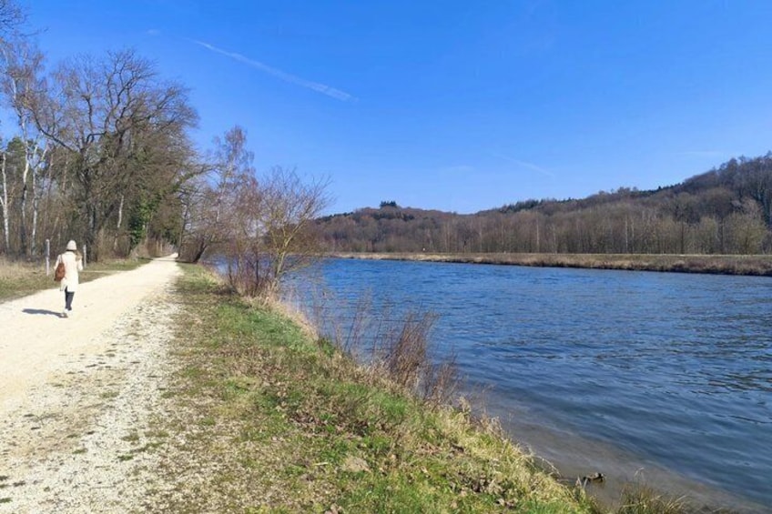 A clear path beside a calm river, surrounded by trees and a distant hill. 1