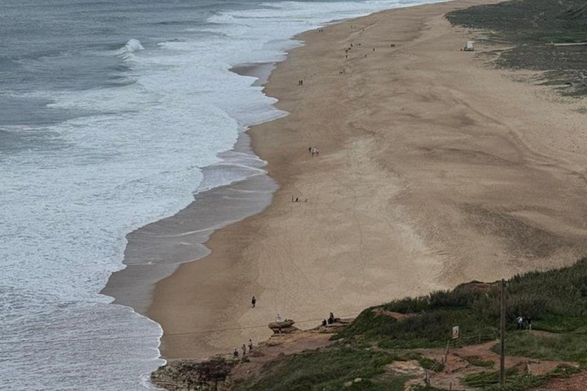 A beach with waves, people, and a grassy area. 2