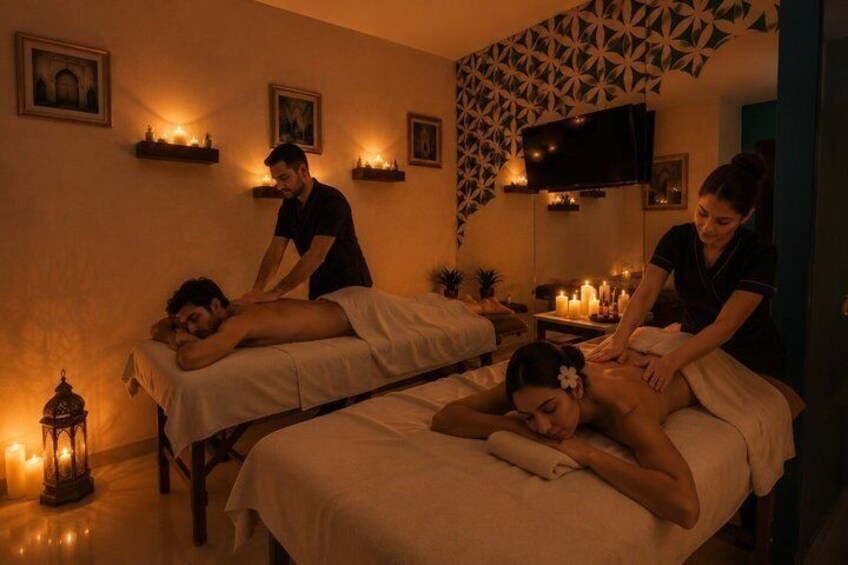A massage parlor with two massage tables, candles, and a patterned wall. 1