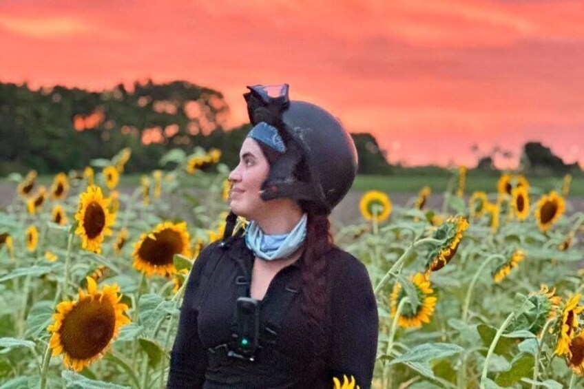 A person in a field of sunflowers with a sunset in the background. 4