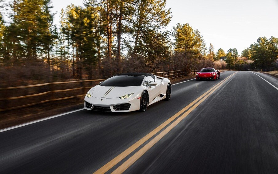 A white sports car driving on a road with a red car ahead, surrounded by trees and a wooden fence. 5