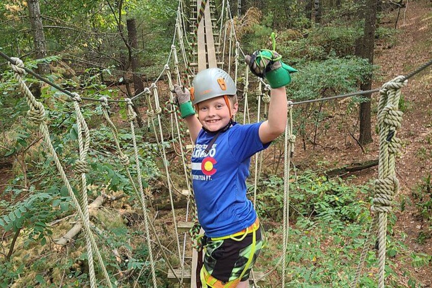 A person on a rope bridge in a forest. 2