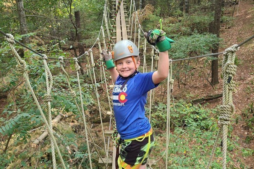 A person on a rope bridge in a forest. 2