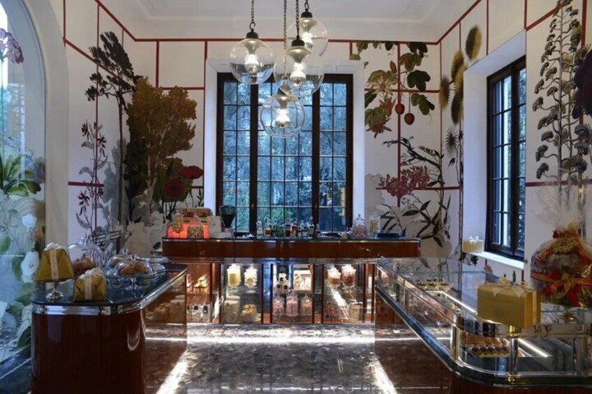 A room with a wooden table, hanging plants, and a large window. 5