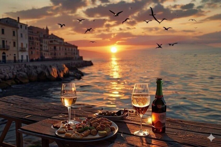 A wooden table with plates of food and glasses of wine, overlooking a sunset over the sea with buildings in the background. 3