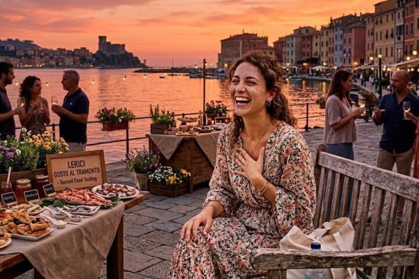 A sunset view with a waterfront dining area, a sign for 'Lerici Gusto al Tramonto,' and people enjoying the evening. 1
