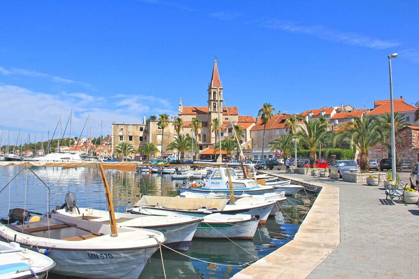 A marina with boats docked, a church with a tall spire, and a row of palm trees along the waterfront. 5