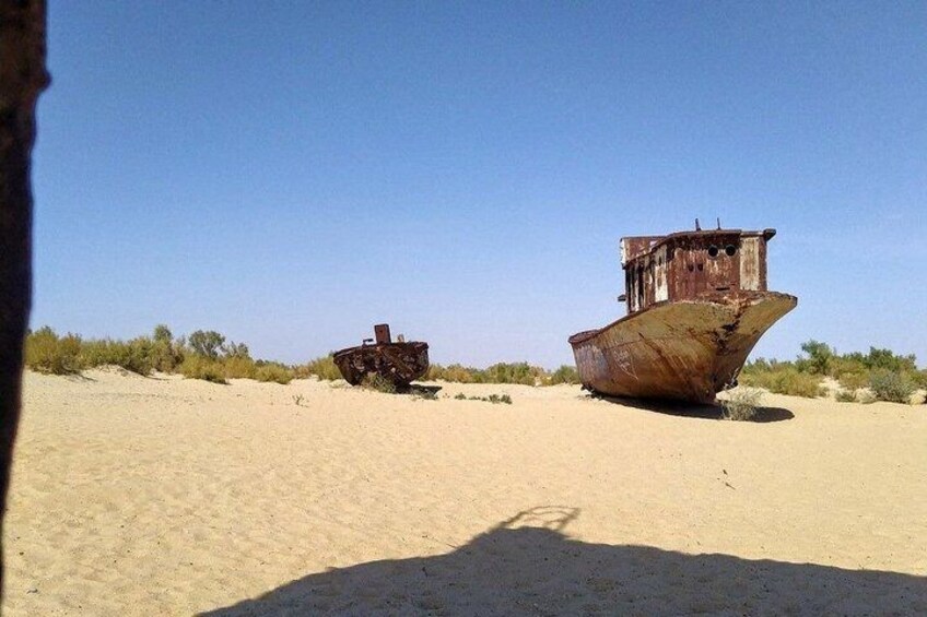Two rusted boats on a sandy beach with sparse vegetation. 4
