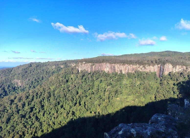 A forested mountain range with a prominent cliff face. 4