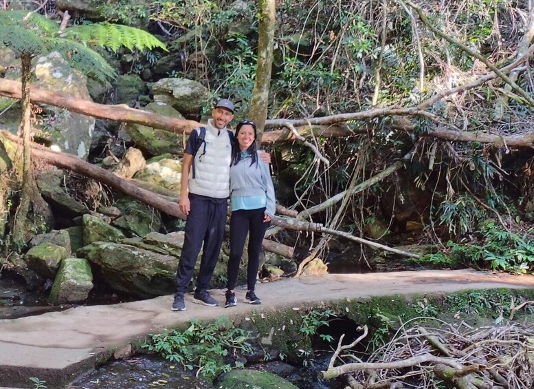 Two people standing on a stone bridge in a forested area with rocks and ferns. 2