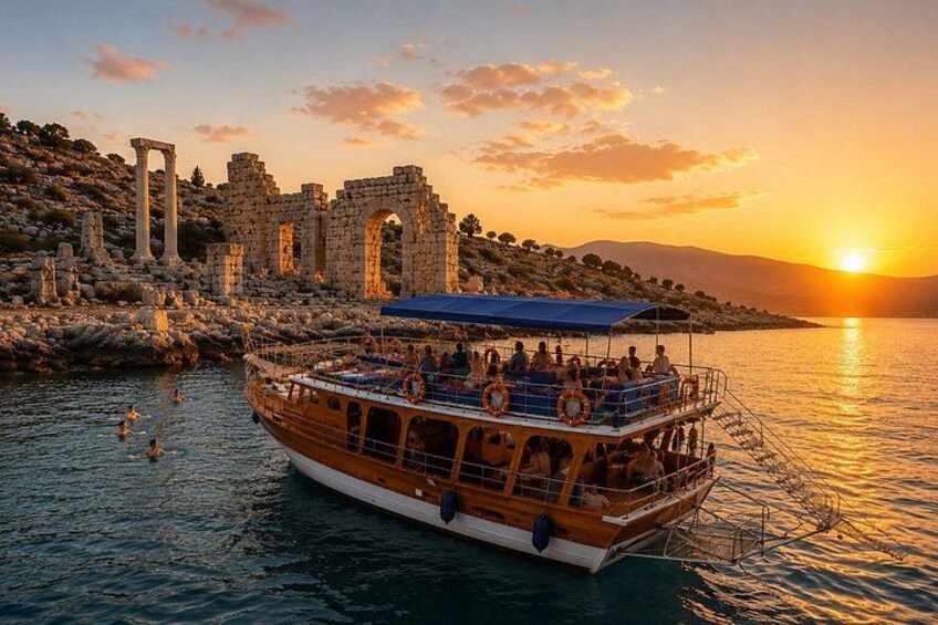 A boat with passengers, a sunset, and ancient ruins in the background. 2