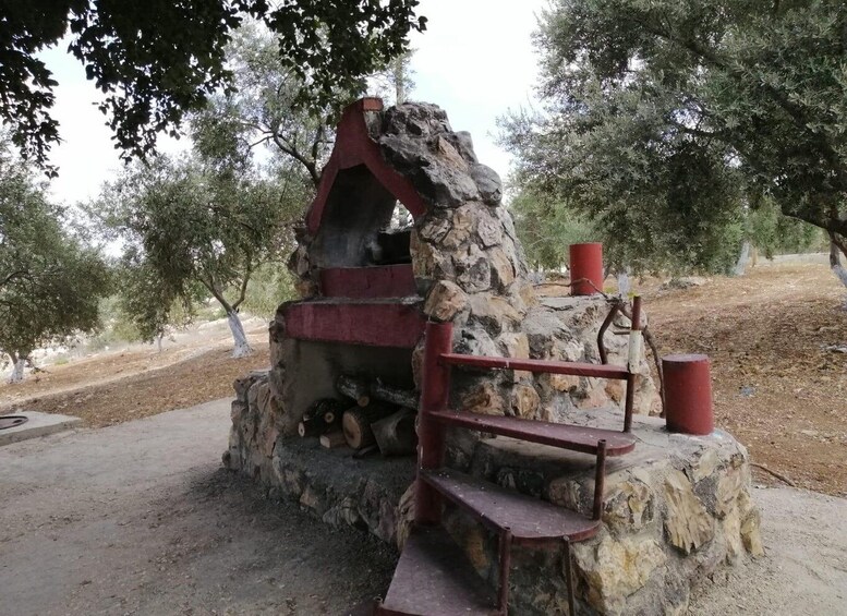 A stone structure with a chimney, surrounded by trees. 3