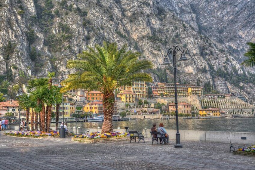 A waterfront promenade with palm trees, benches, and colorful buildings. 3