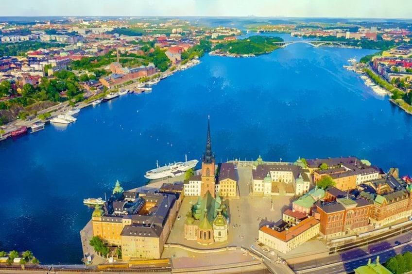 A river with a bridge, a castle-like building, and a church with a tall spire. 5