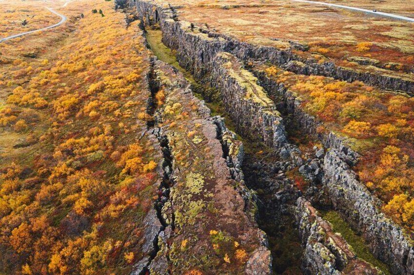 A stone wall with a crack running through it, surrounded by autumn-colored vegetation. 3