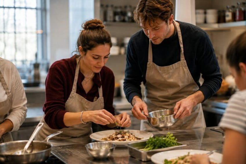 Two people preparing food in a kitchen with various ingredients and utensils. 1
