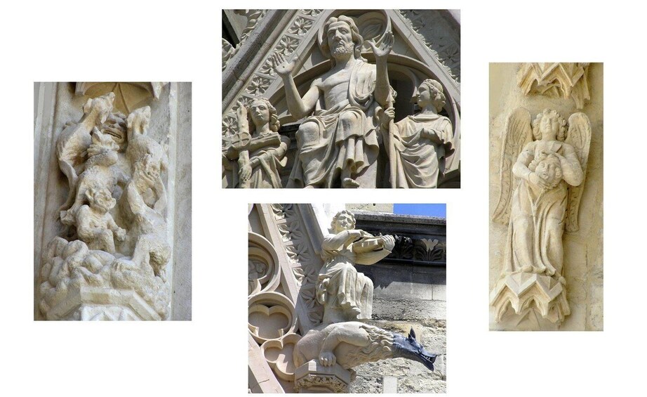 A series of stone carvings, including figures and decorative patterns. 2