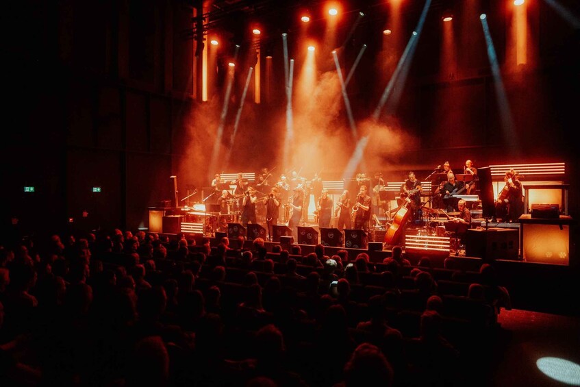 A band performing on a stage with spotlights and a seated audience. 1