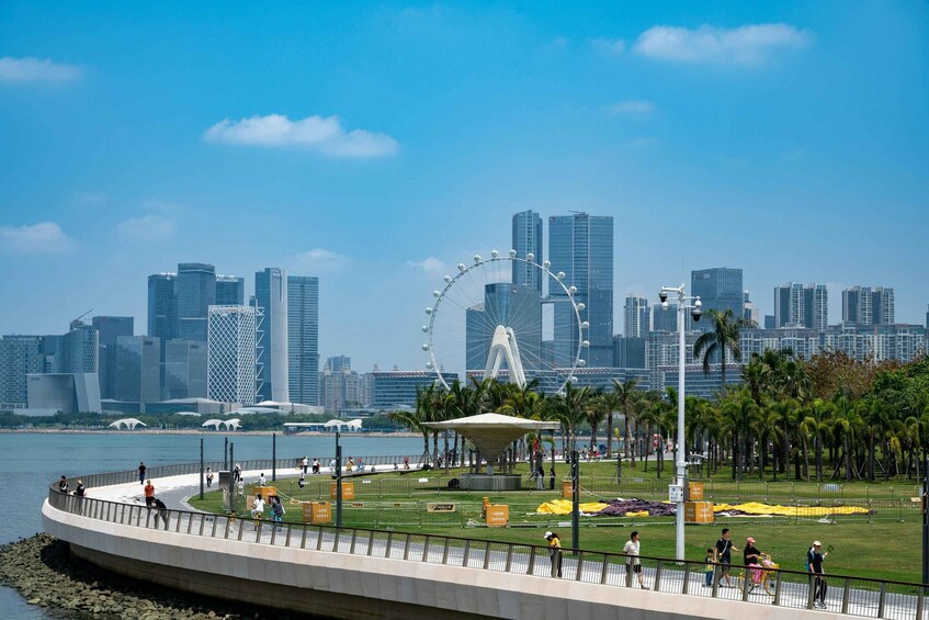 A waterfront park with a Ferris wheel, palm trees, and a city skyline in the background. 2