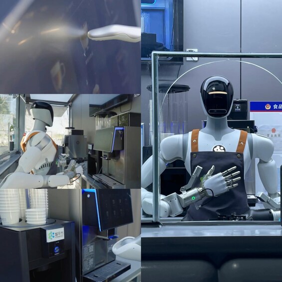 A robotic arm with a digital display, a robotic figure with a face, and a sign with Chinese characters. 4