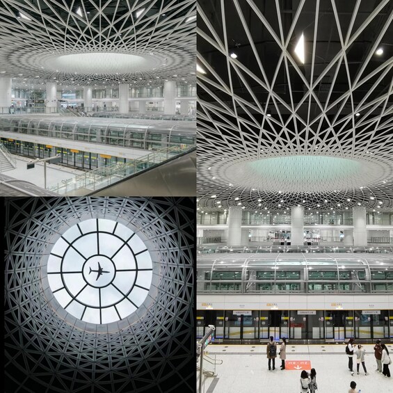 A modern train station with a geometric ceiling design and a large circular skylight. 3