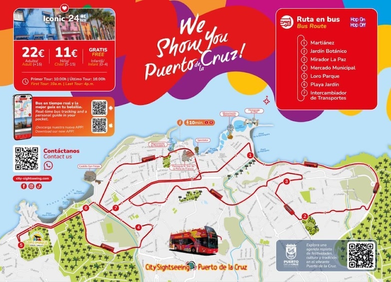 A bus route map for Puerto de la Cruz with stops like Mercado Municipal and Playa Jardín. 3