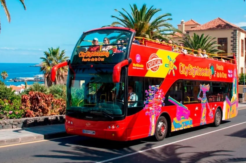 A red double-decker bus with 'CitySightseeing Puerto de la Cruz' on the front, driving on a sunny coastal road. 1