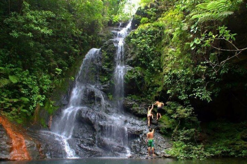 A waterfall in a forested area with two people standing at the base. 1